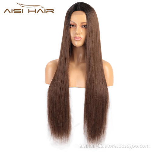 Aisi Hair Cheap High Quality Long Silky Straight Ombre Brown Dark Root Lace Wig Synthetic Hair Lace Front Wigs For Black Women